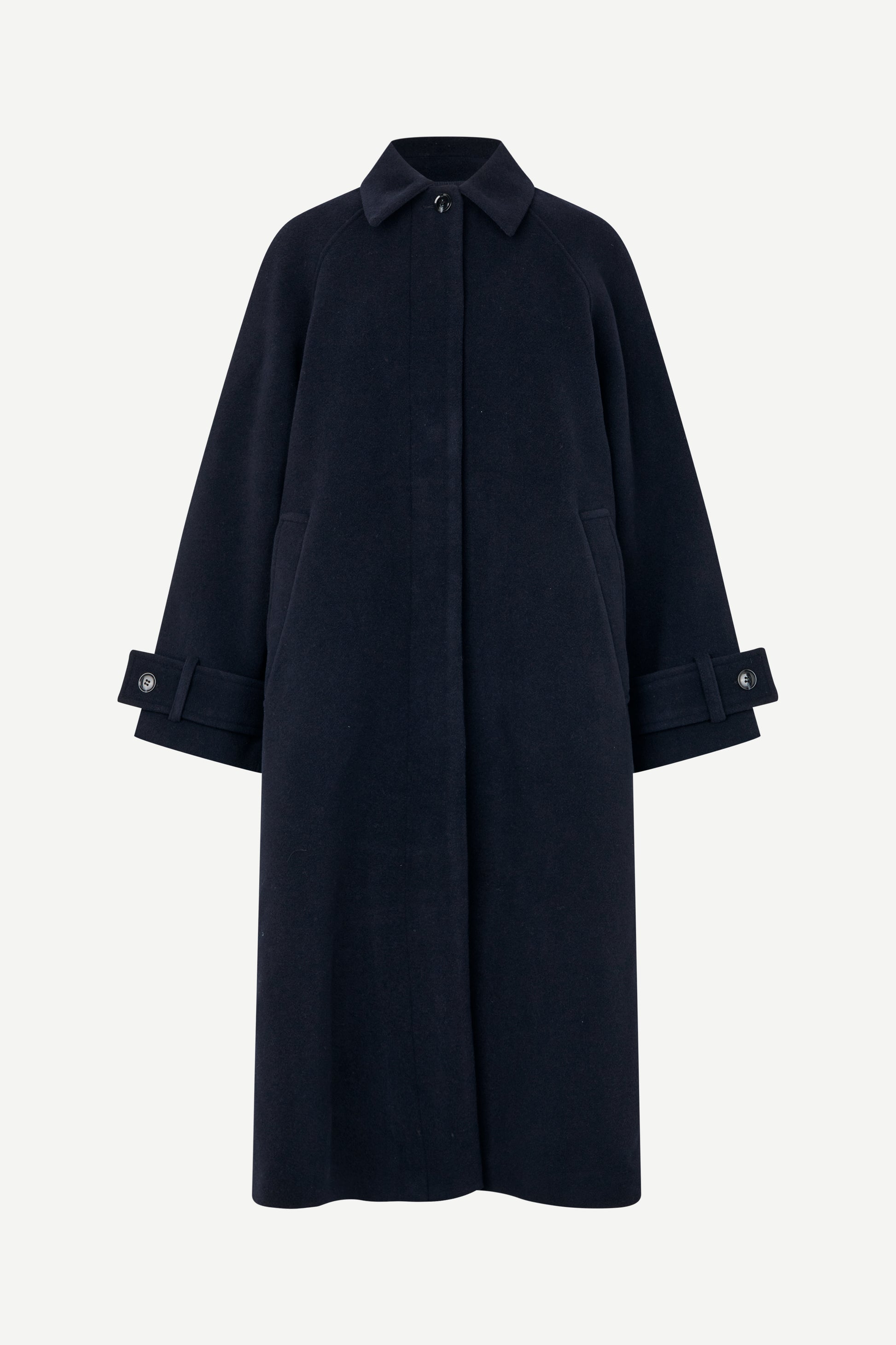 A dark navy blue wool-blend coat with a collar, front button closure, and buttoned cuffs, shown on a light gray background.