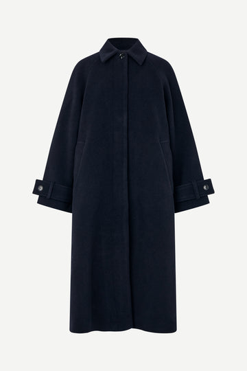 A dark navy blue wool-blend coat with a collar, front button closure, and buttoned cuffs, shown on a light gray background.