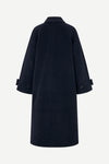 A dark navy blue coat shown from the back, featuring a collar and sleeve cuffs with button details, set against a plain light gray background.