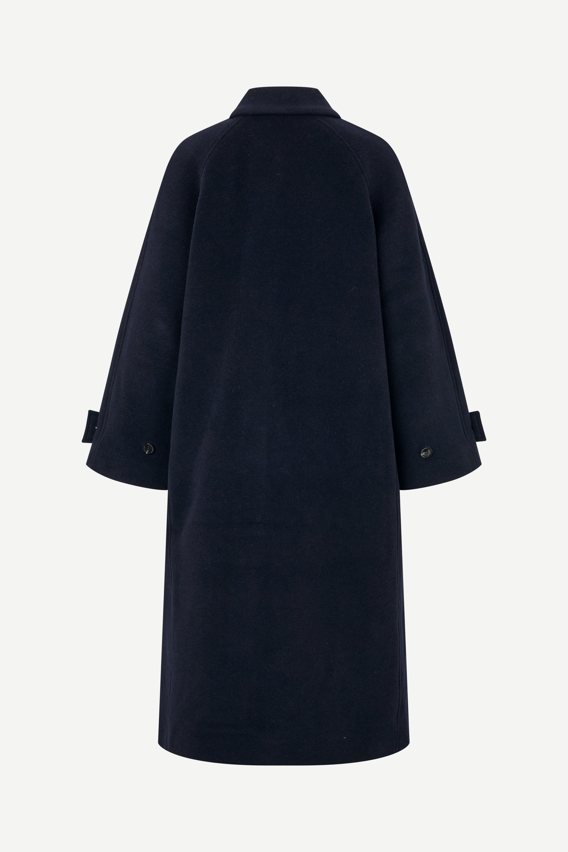 A dark navy blue coat shown from the back, featuring a collar and sleeve cuffs with button details, set against a plain light gray background.