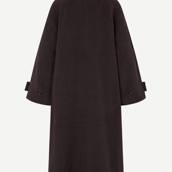 A dark brown wool-blend coat shown from the back, featuring a collar, wide three-quarter sleeves with button-tab cuffs, and a straight silhouette, photographed against a light gray background.