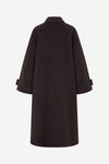 A dark brown wool-blend coat shown from the back, featuring a collar, wide three-quarter sleeves with button-tab cuffs, and a straight silhouette, photographed against a light gray background.