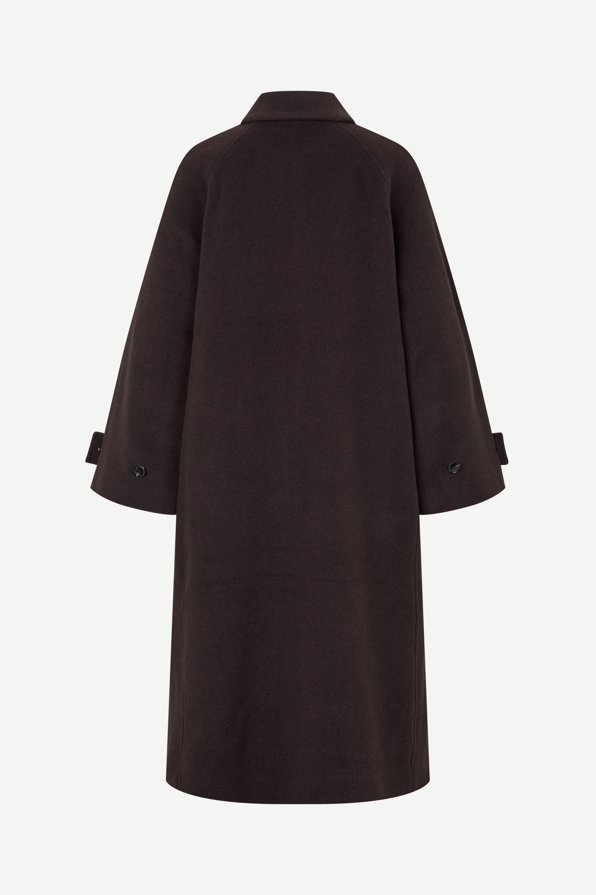 A dark brown wool-blend coat shown from the back, featuring a collar, wide three-quarter sleeves with button-tab cuffs, and a straight silhouette, photographed against a light gray background.