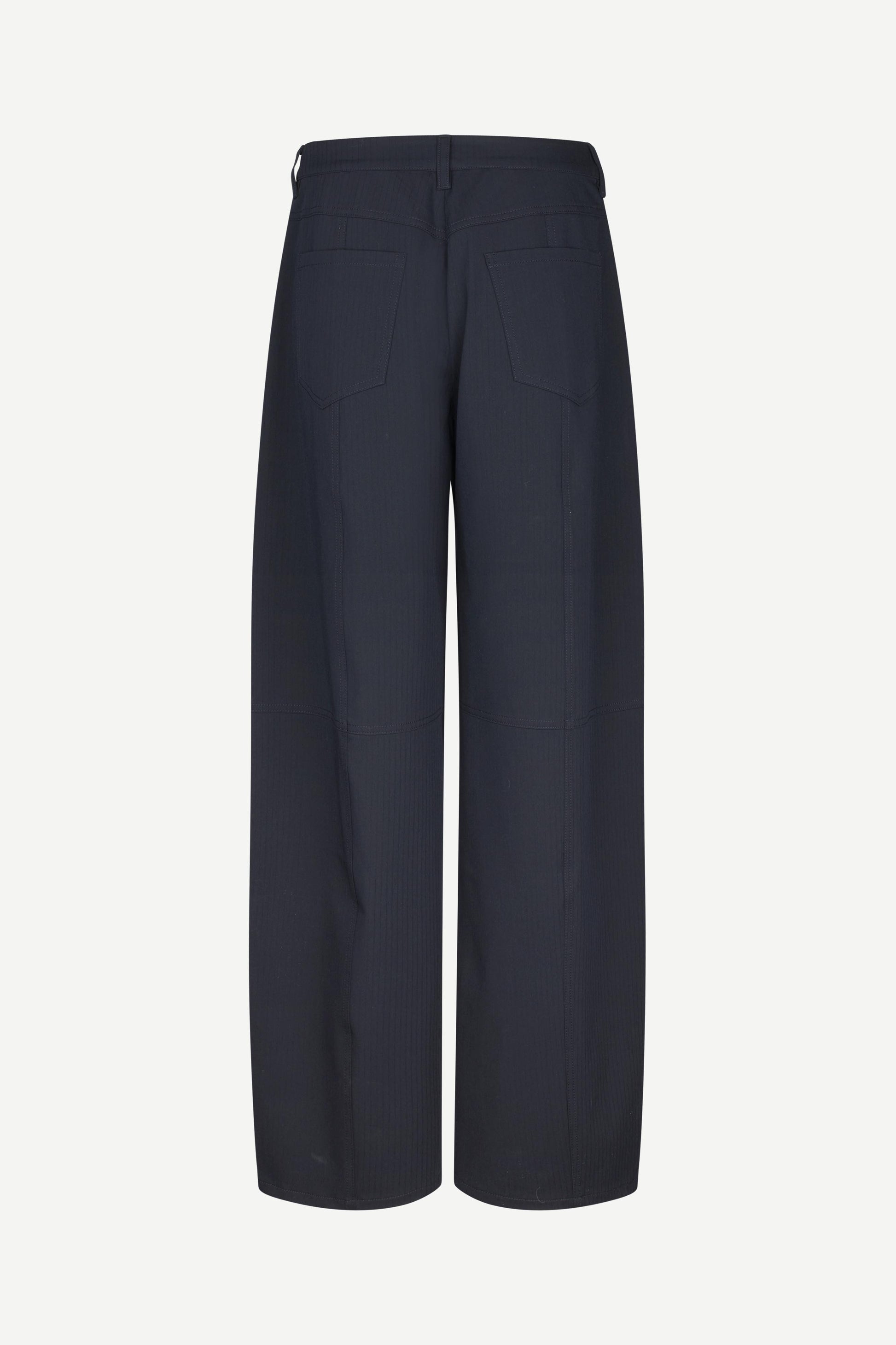 A pair of dark navy wide-leg trousers shown from the back on a light gray background.
