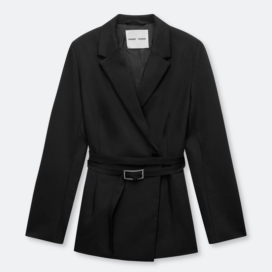 A black wrap-style blazer with a matching self-tie belt and a small silver buckle, shown on a light gray background.