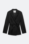 A black wrap-style blazer with a matching self-tie belt and a small silver buckle, shown on a light gray background.