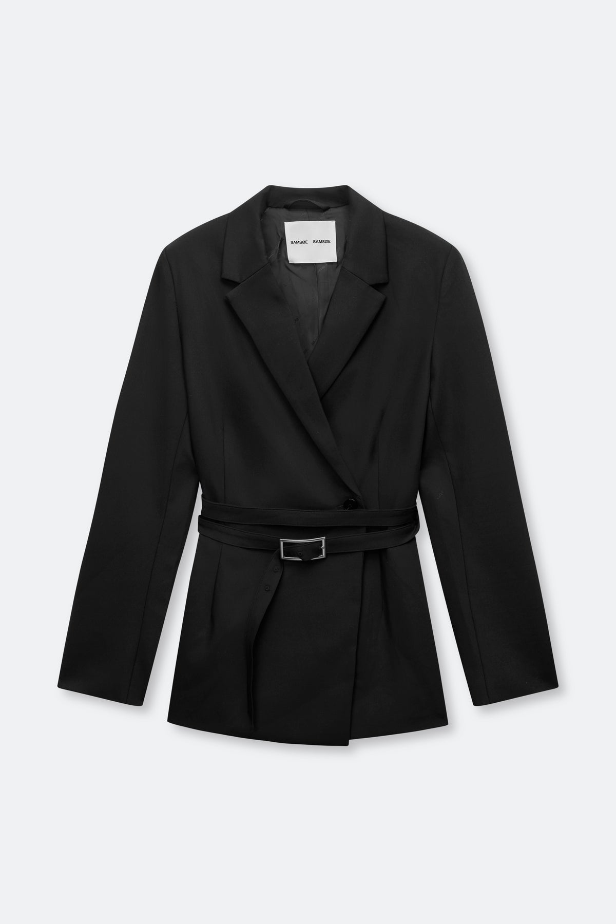 A black wrap-style blazer with a matching self-tie belt and a small silver buckle, shown on a light gray background.