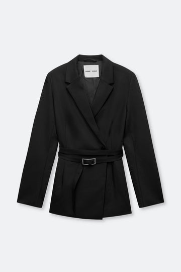 A black wrap-style blazer with a matching self-tie belt and a small silver buckle, shown on a light gray background.