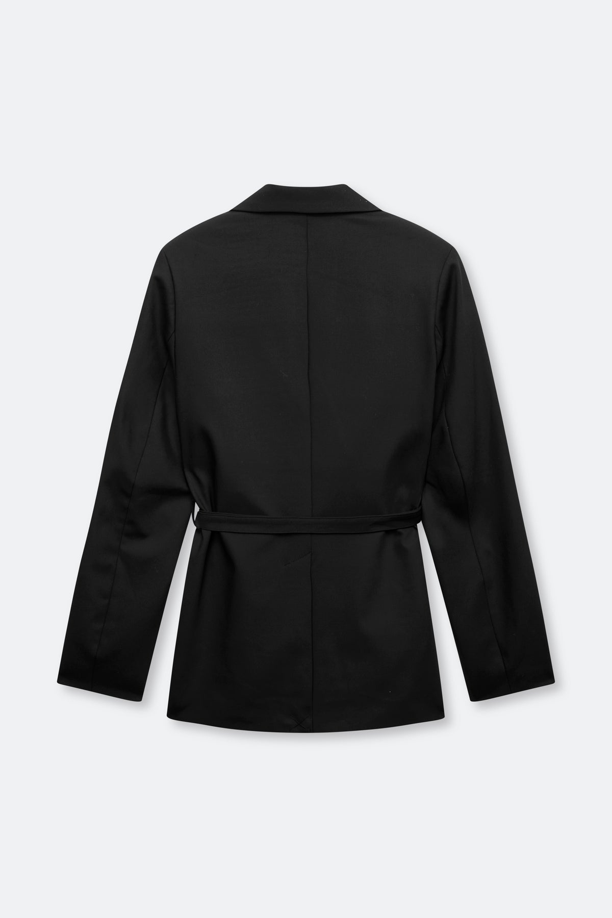 A black long-sleeve blazer jacket with a self-tie belt at the waist, shown from the back against a light gray background.