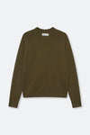 An olive green crewneck sweater with raglan sleeves, laid flat against a light gray background.