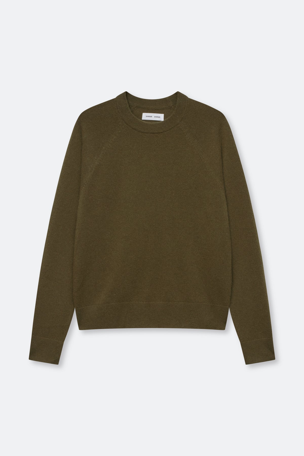 An olive green crewneck sweater with raglan sleeves, laid flat against a light gray background.
