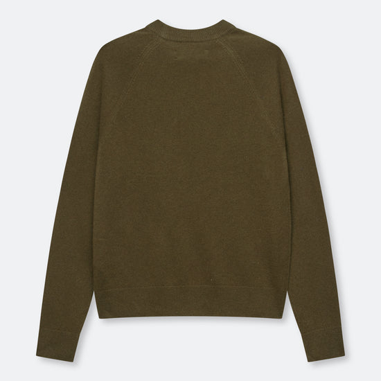 An olive green crewneck sweater shown from the back, laid flat against a light gray background.