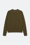An olive green crewneck sweater shown from the back, laid flat against a light gray background.