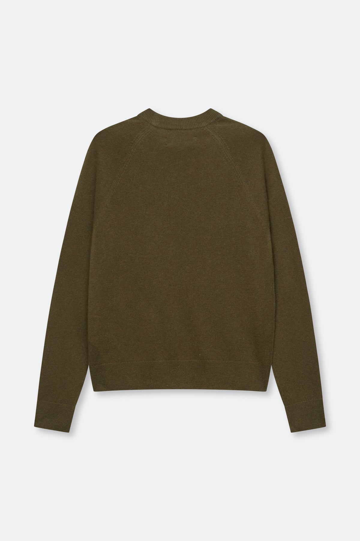 An olive green crewneck sweater shown from the back, laid flat against a light gray background.