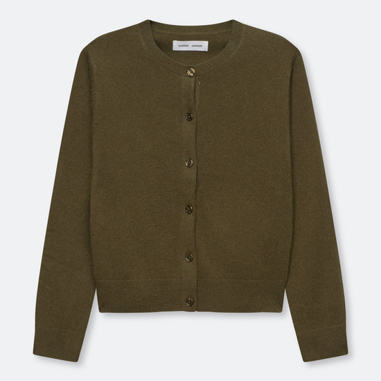 An olive green knit cardigan sweater with a button-up front, laid flat against a light gray background.