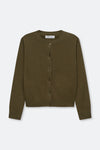 An olive green knit cardigan sweater with a button-up front, laid flat against a light gray background.