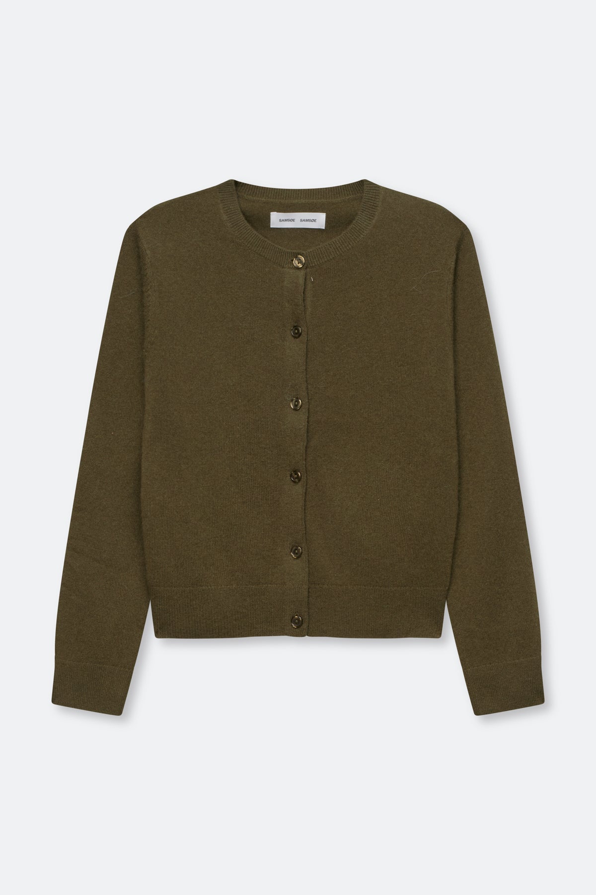 An olive green knit cardigan sweater with a button-up front, laid flat against a light gray background.