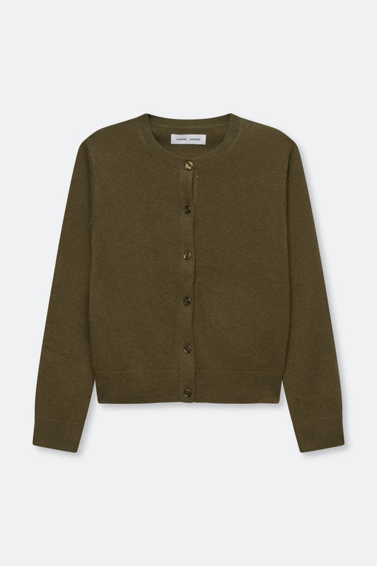 An olive green knit cardigan sweater with a button-up front, laid flat against a light gray background.