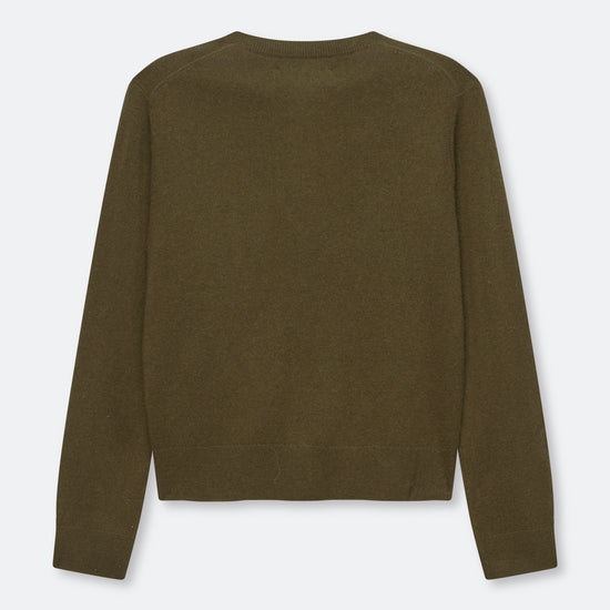 An olive green long-sleeve knit sweater shown from the back, laid flat against a light gray background.