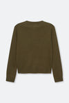 An olive green long-sleeve knit sweater shown from the back, laid flat against a light gray background.