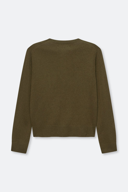 An olive green long-sleeve knit sweater shown from the back, laid flat against a light gray background.