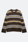 A long-sleeve crewneck knit sweater with horizontal stripes in dark brown, mustard yellow, and light gray, displayed flat against a light gray background.