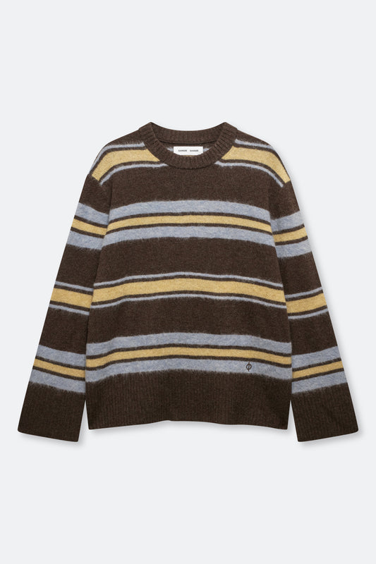 A long-sleeve crewneck knit sweater with horizontal stripes in dark brown, mustard yellow, and light gray, displayed flat against a light gray background.