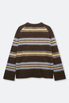 A brown knit sweater with horizontal stripes in yellow, light gray, and white, shown from the back against a light gray background.