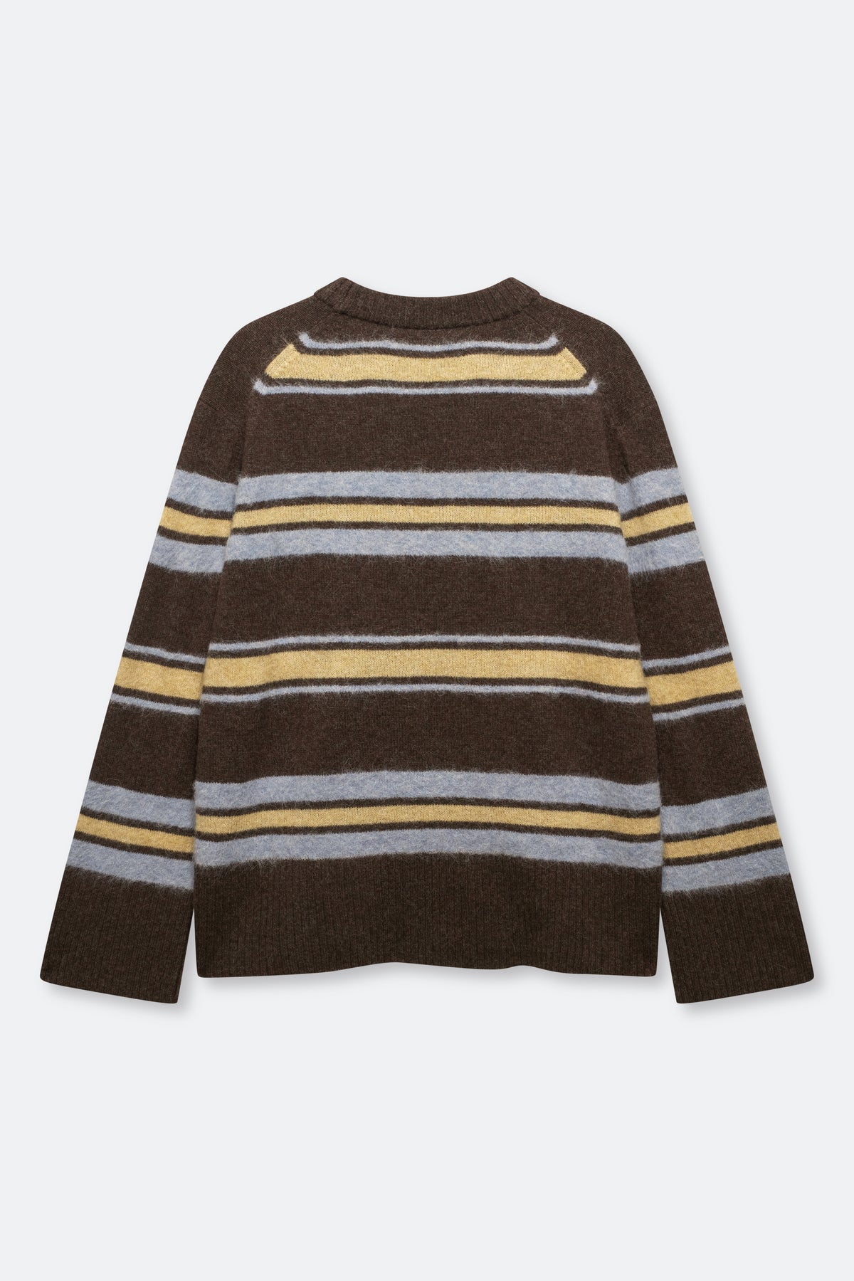 A brown knit sweater with horizontal stripes in yellow, light gray, and white, shown from the back against a light gray background.