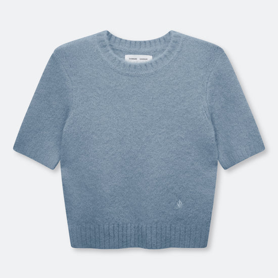 A light blue short-sleeve knit sweater with a crew neck and ribbed hem, displayed flat against a light gray background.