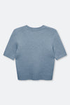 A light blue short-sleeve knit sweater shown from the back, featuring a crew neck and ribbed hem, on a light gray background.