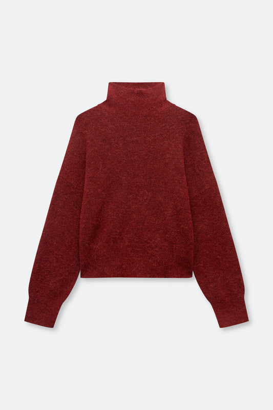A dark red knit sweater with a mock neck and long sleeves, shown from the back on a light gray background.