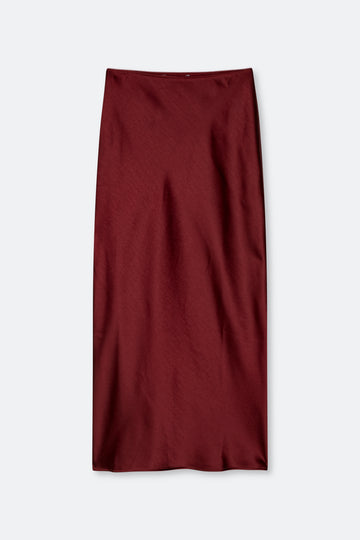 A dark burgundy midi skirt with a subtle sheen, laid flat against a light gray background.