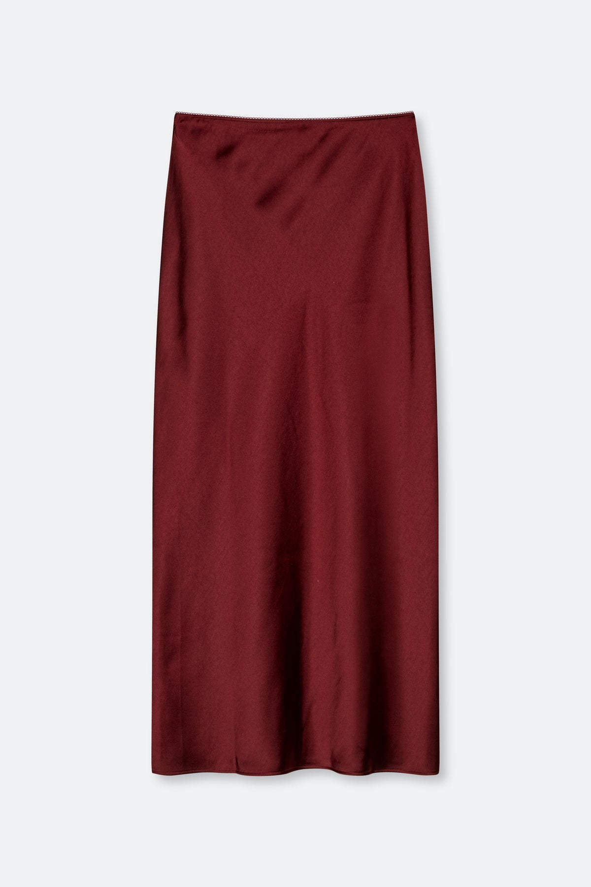 A dark burgundy midi skirt with a subtle satin sheen, shown flat against a light gray background.