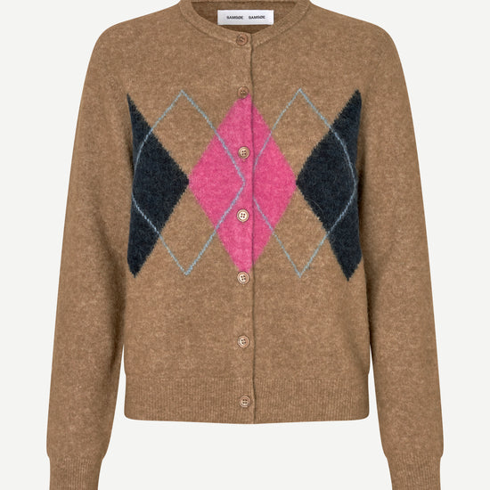 Brown pink and blue argyle cardigan on white background