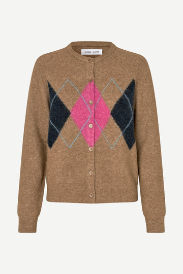 Brown pink and blue argyle cardigan on white background