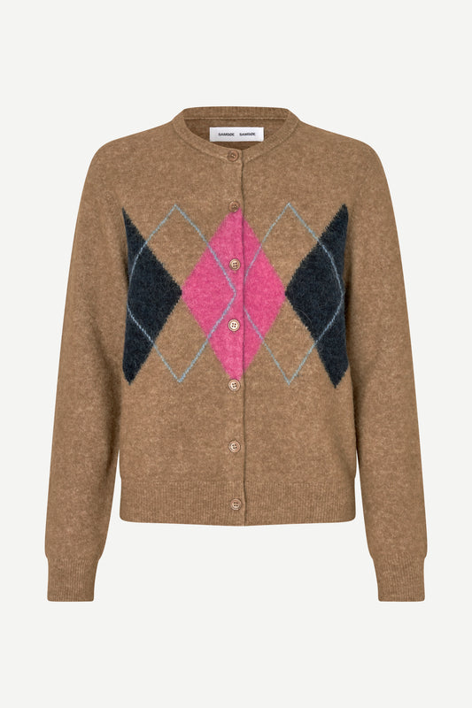 Brown pink and blue argyle cardigan on white background