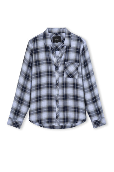 A long-sleeve button-up shirt with a gray, white, and black plaid pattern, featuring a chest pocket and a pointed collar, shown against a plain white background.
