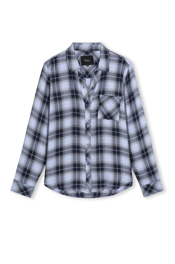 A long-sleeve button-up shirt with a gray, white, and black plaid pattern, featuring a chest pocket and a pointed collar, shown against a plain white background.