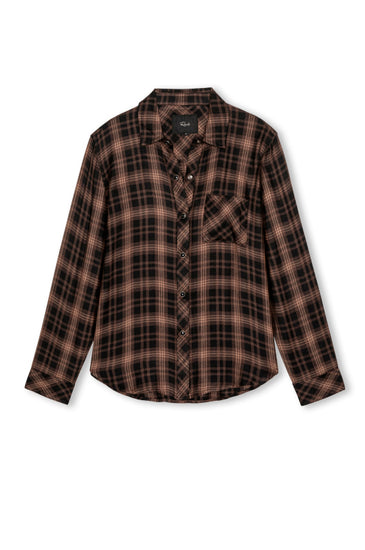 A long-sleeve button-up plaid shirt in brown and black, featuring a chest pocket, laid flat against a white background.