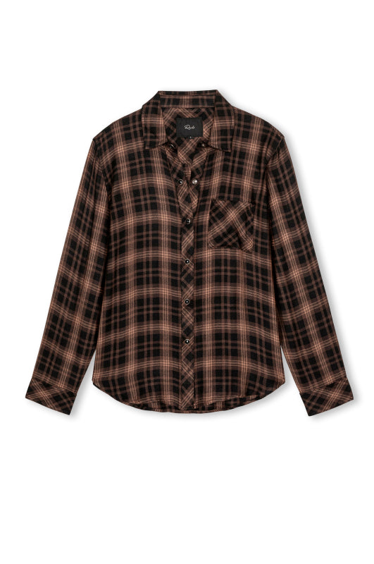 A long-sleeve button-up plaid shirt in brown and black, featuring a chest pocket, laid flat against a white background.