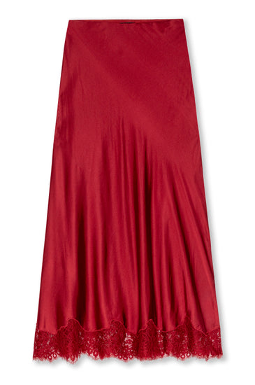 A dark red satin midi skirt with a scalloped lace hem, shown flat against a white background.