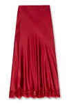 A dark red satin midi skirt with a scalloped lace hem, shown flat against a white background.