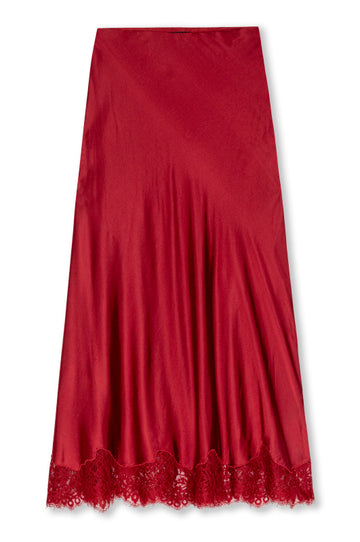 A dark red satin midi skirt with a scalloped lace hem, shown flat against a white background.
