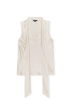 Beige sleeveless top with a draped design on a white background