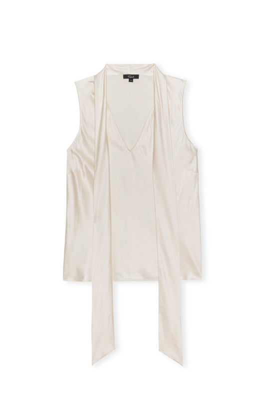 Beige sleeveless top with a draped design on a white background