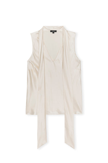 Beige sleeveless top with a draped design on a white background