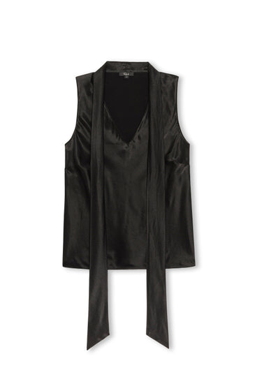 A black satin sleeveless wrap vest with a V-neckline and long tie-front panels, displayed against a plain white background.