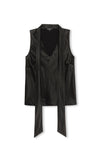 A black satin sleeveless wrap vest with a V-neckline and long tie-front panels, displayed against a plain white background.