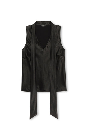 A black satin sleeveless wrap vest with a V-neckline and long tie-front panels, displayed against a plain white background.